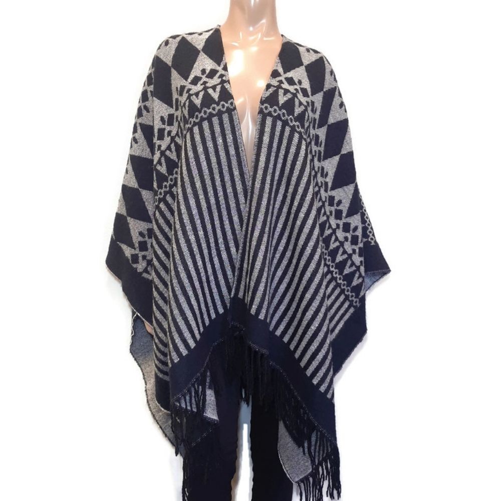 GARAGE One Size Poncho Wrap Striped Fringed Knit Shawl Sweater Black Gray